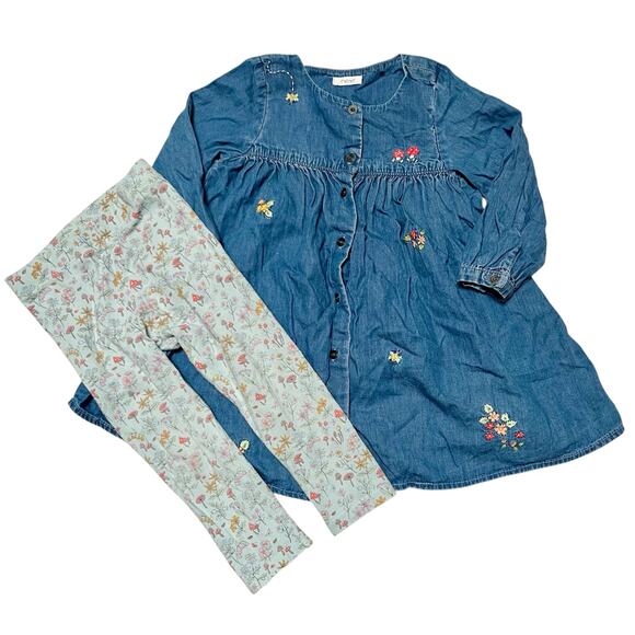 Next Bee Floral Embroidered Chambray Outfit Size 18-24m - Picture 1 of 6